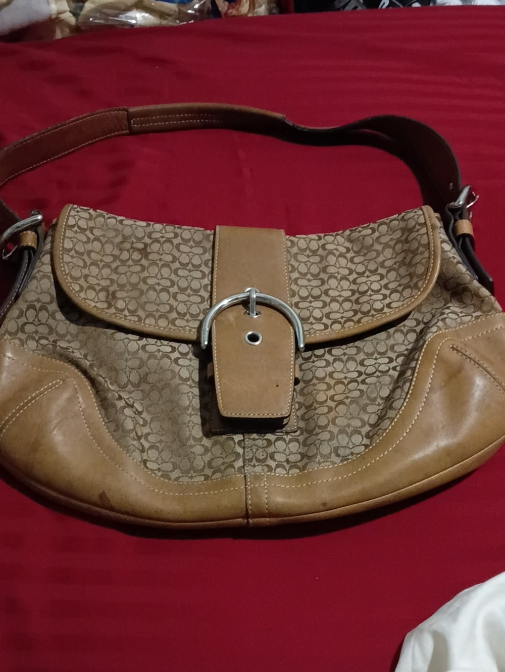 Coach Tan Signature Canvas Shoulder Bag with Leather Trim